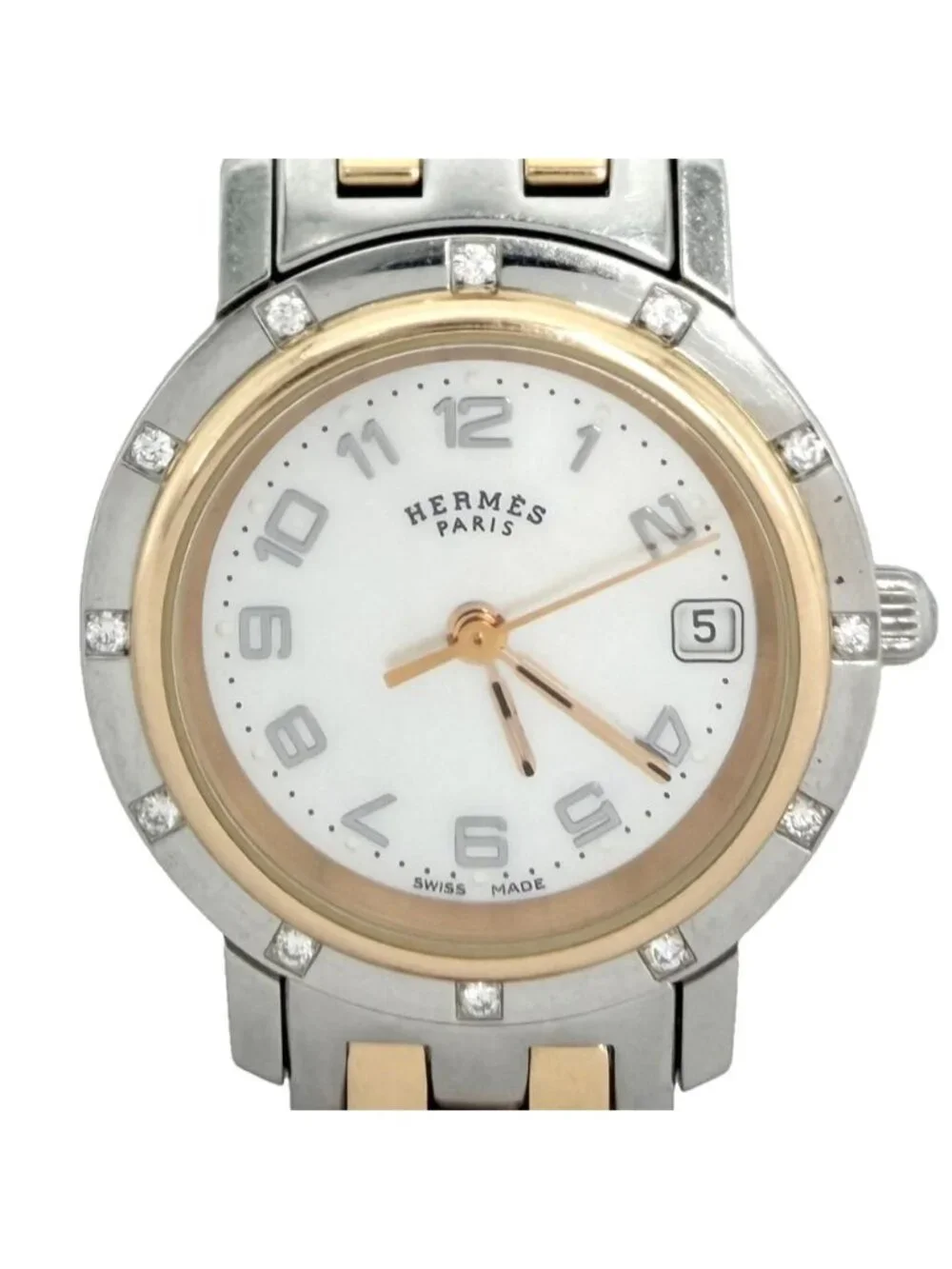 Hermes Watch Clipper Cles Motif Date Combo SS Battery Powered White Shell Dial